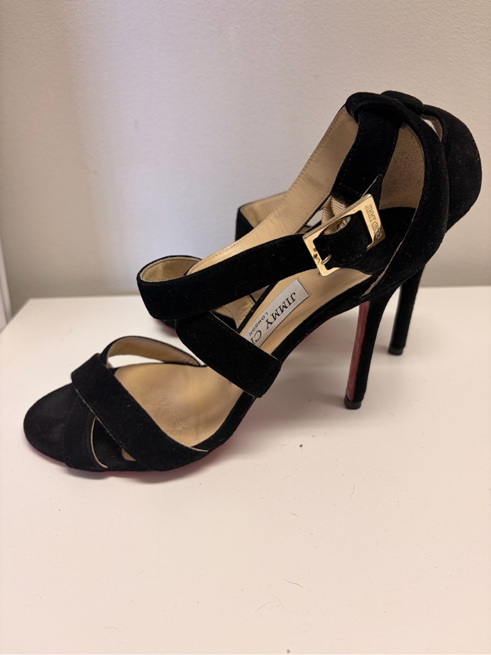 Jimmy Choo Black Suede Strappy High Heels with Gold Buckle - Picture 6 of 6